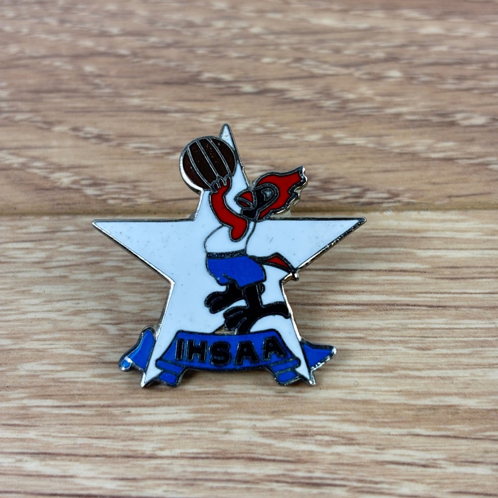 Vintage IHSAA Basketball Cardinal Mascot Star Enamel Lapel Pin Blue White Red